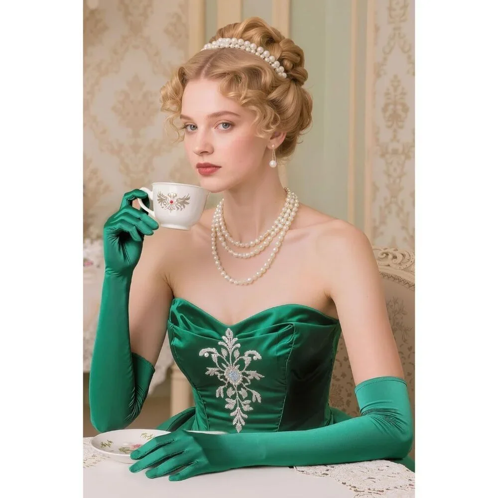 Women's Green Vintage Satin Long Gloves Party Tea Costume Stretchy Elbow Length